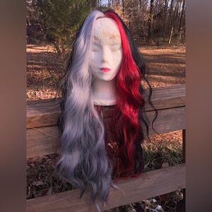 Three Tone Red and Black and Grey Women's Synthetic Wig
